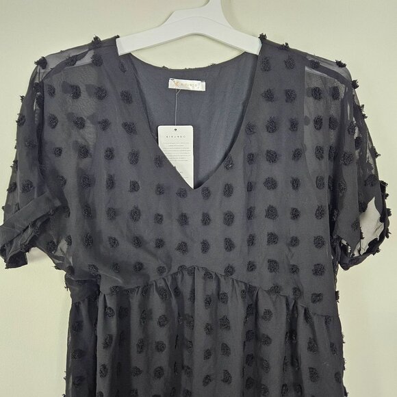 Womens Black Babydoll Short-Sleeve Boho Skater Dress Swiss Dot Pattern Size Med - Picture 7 of 11